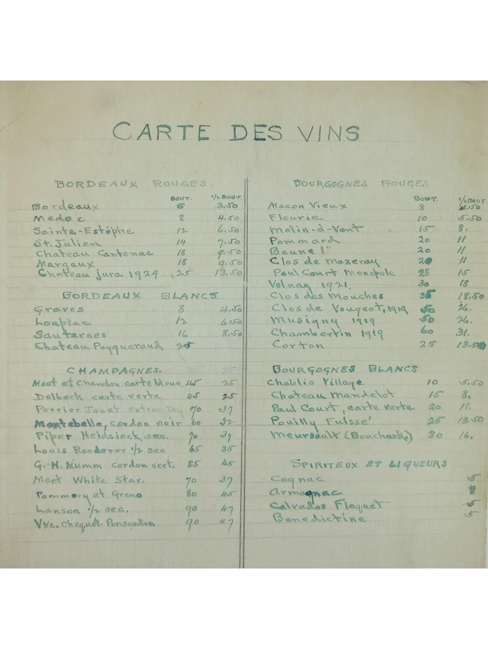 Antique 1920s Menu Cafe D'Alencon Montparnasse Paris France Wine Prices Handmade